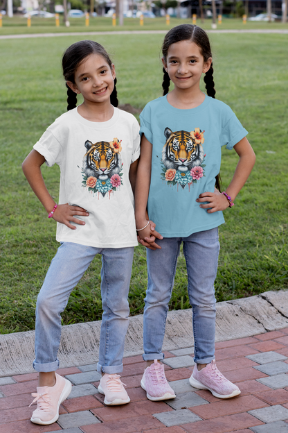 Tiger Passion in Blumen FlowerPower Front - Unisex Bio Kinder T-Shirt ST/ST SH