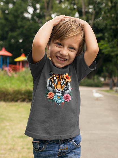 Tiger Passion in Blumen FlowerPower Front - Unisex Bio Kinder T-Shirt ST/ST SH