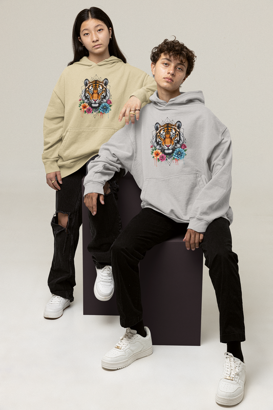 Tiger Passion in Blumen Flower Power II Front - Unisex Bio Erwachsenen Oversized Hoodie ST/ST SH