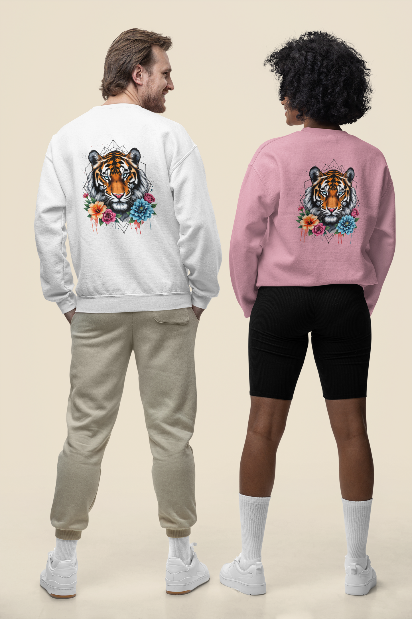 Tiger Passion in Blumen FlowerPower II Back - Unisex Bio Erwachsenen Changer Sweatshirt ST/ST SH
