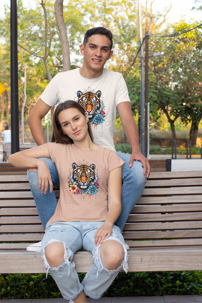 Tiger Passion in Blumen FlowerPower II Front - Unisex Bio Erwachsenen Creator T-Shirt ST/ST SH