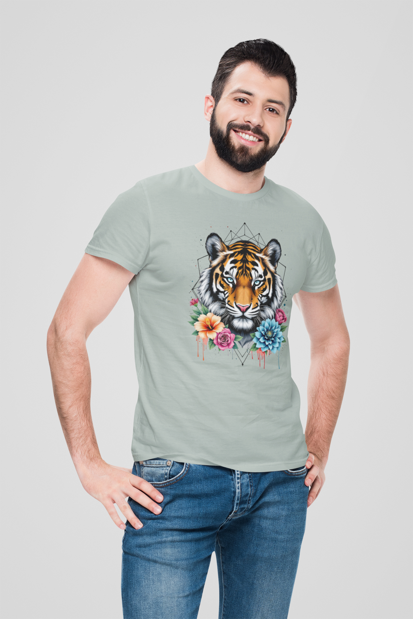 Tiger Passion in Blumen FlowerPower II Front - Unisex Bio Erwachsenen Creator T-Shirt ST/ST SH
