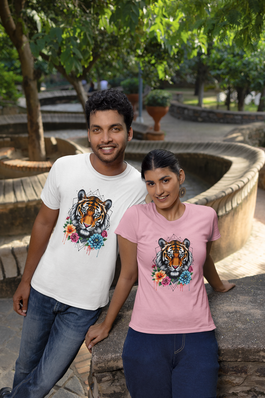 Tiger Passion in Blumen FlowerPower II Front - Unisex Bio Erwachsenen Creator T-Shirt ST/ST SH