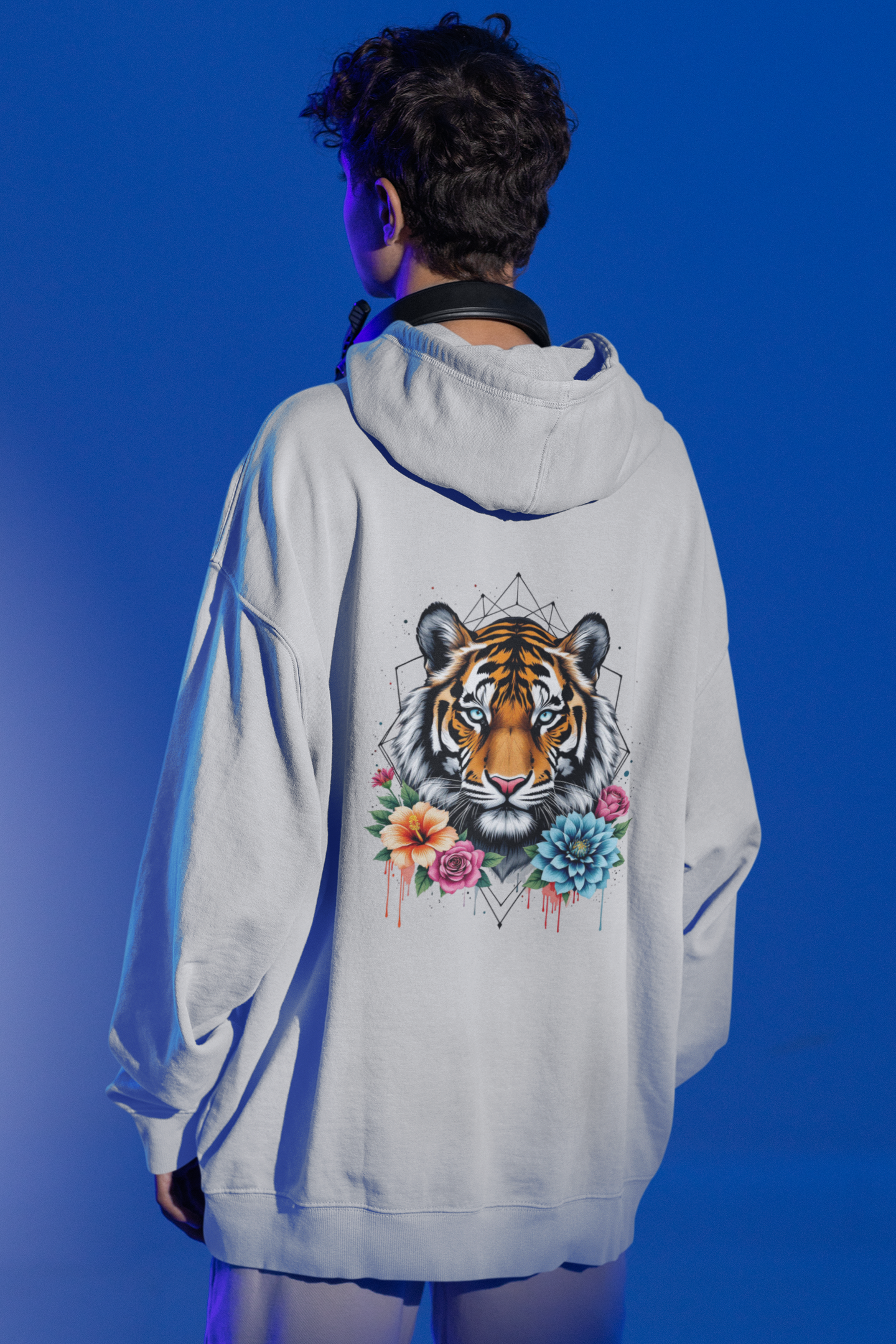 Tiger Passion in Blumen Flower Power II Back - Unisex Bio Erwachsenen Oversized Hoodie ST/ST SH