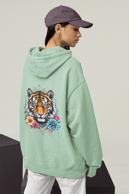 Tiger Passion in Blumen Flower Power II Back - Unisex Bio Erwachsenen Oversized Hoodie ST/ST SH