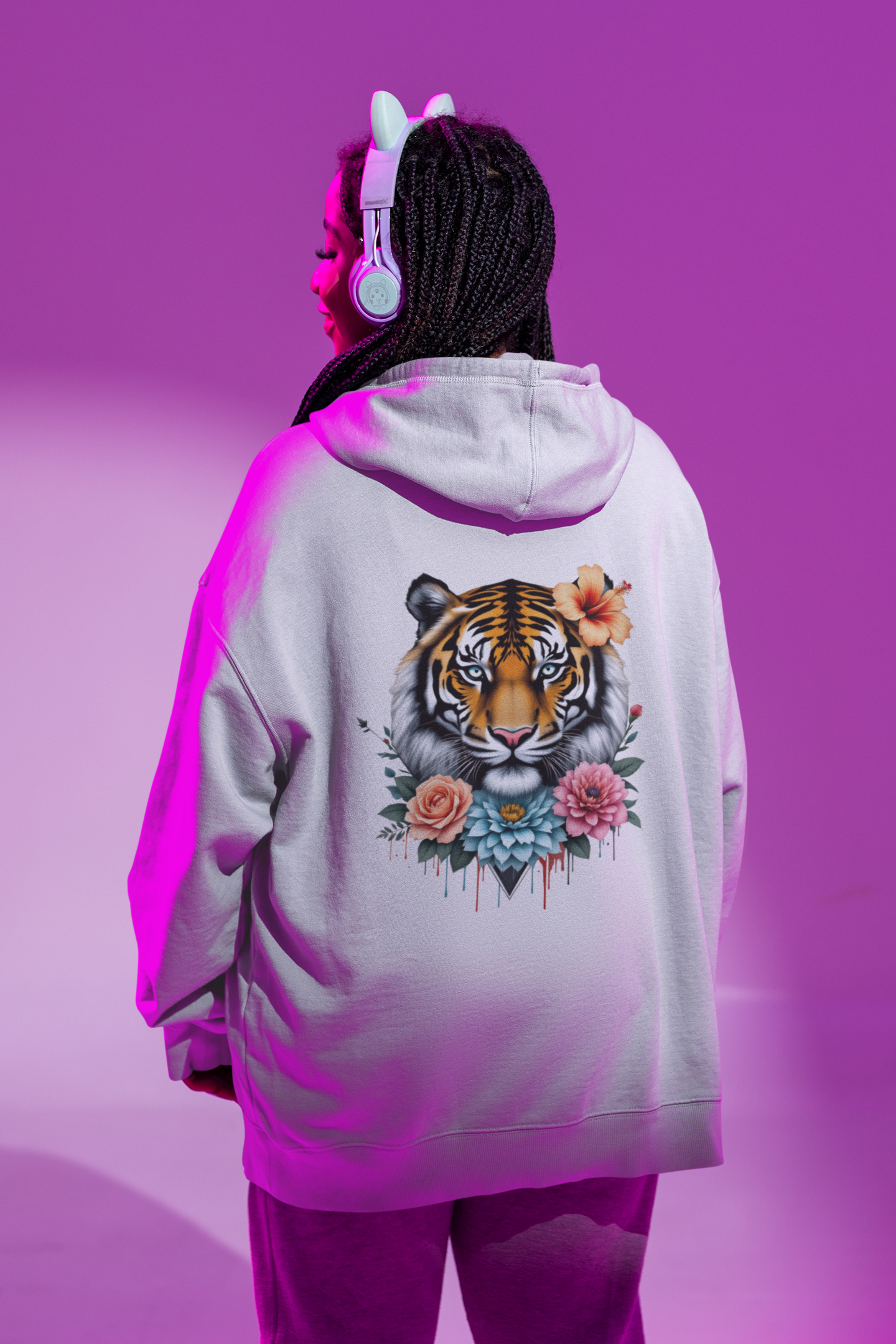 Tiger Passion in Blumen Flower Power Back - Unisex Bio Oversized Hoodie ST/ST SH