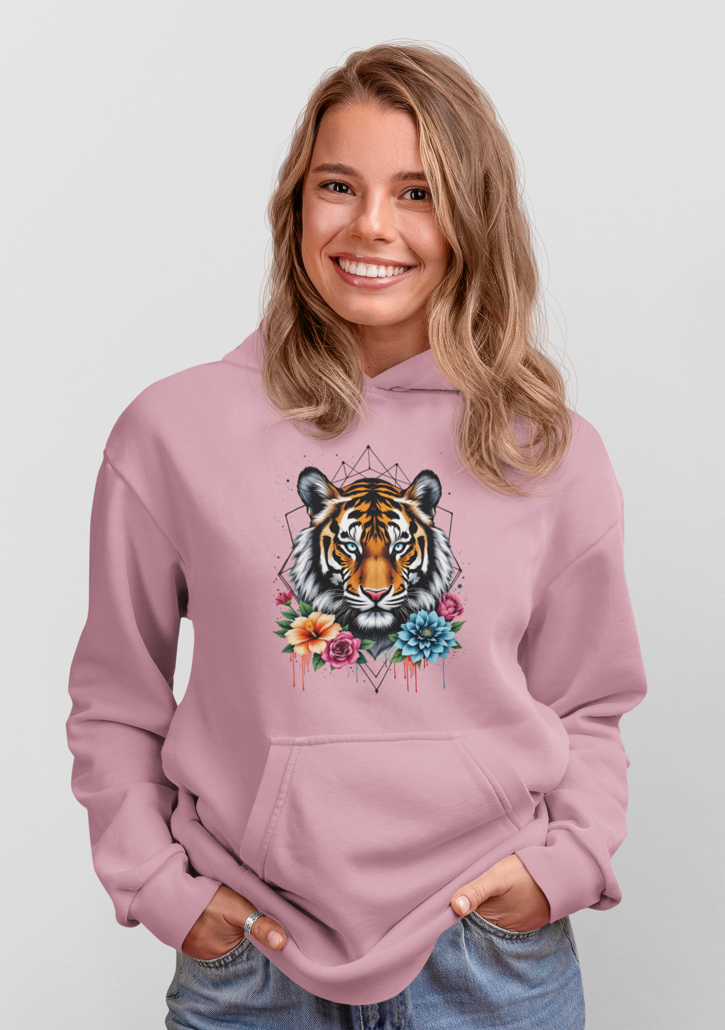 Tiger Passion in Blumen Flower Power II Front - Unisex Bio Erwachsenen Creator Hoodie ST/ST SH