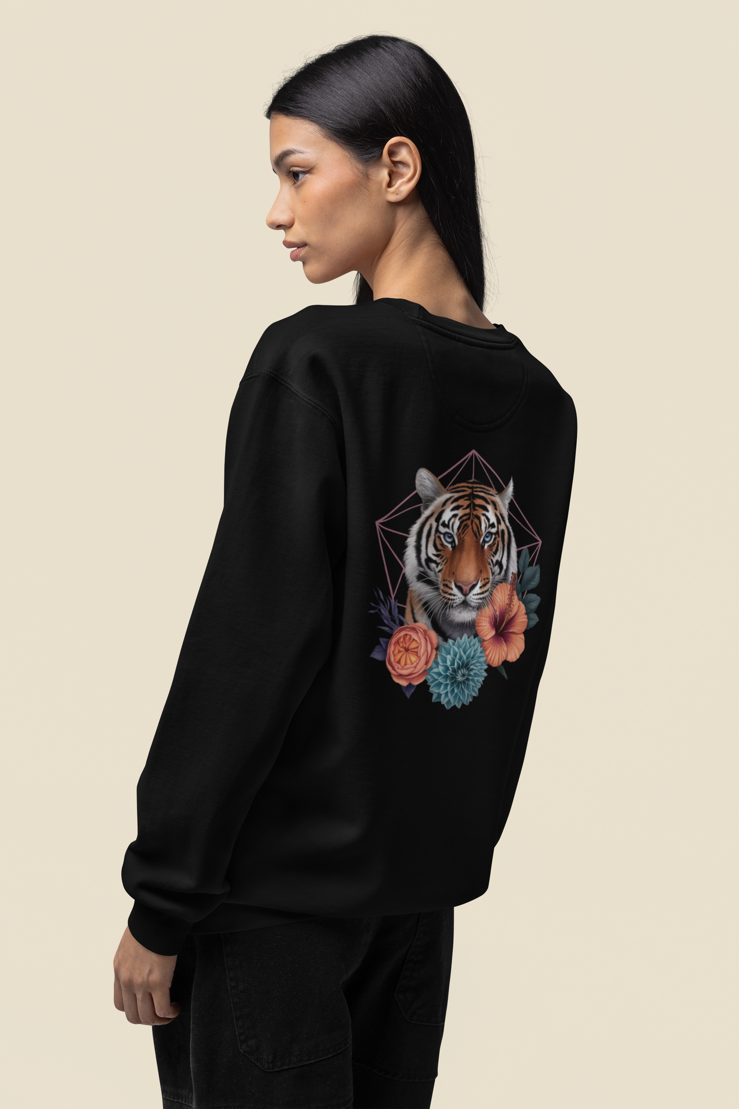 Tiger Passion in Blumen Hexagon Back - Unisex Bio Erwachsenen Changer Sweatshirt ST/ST SH