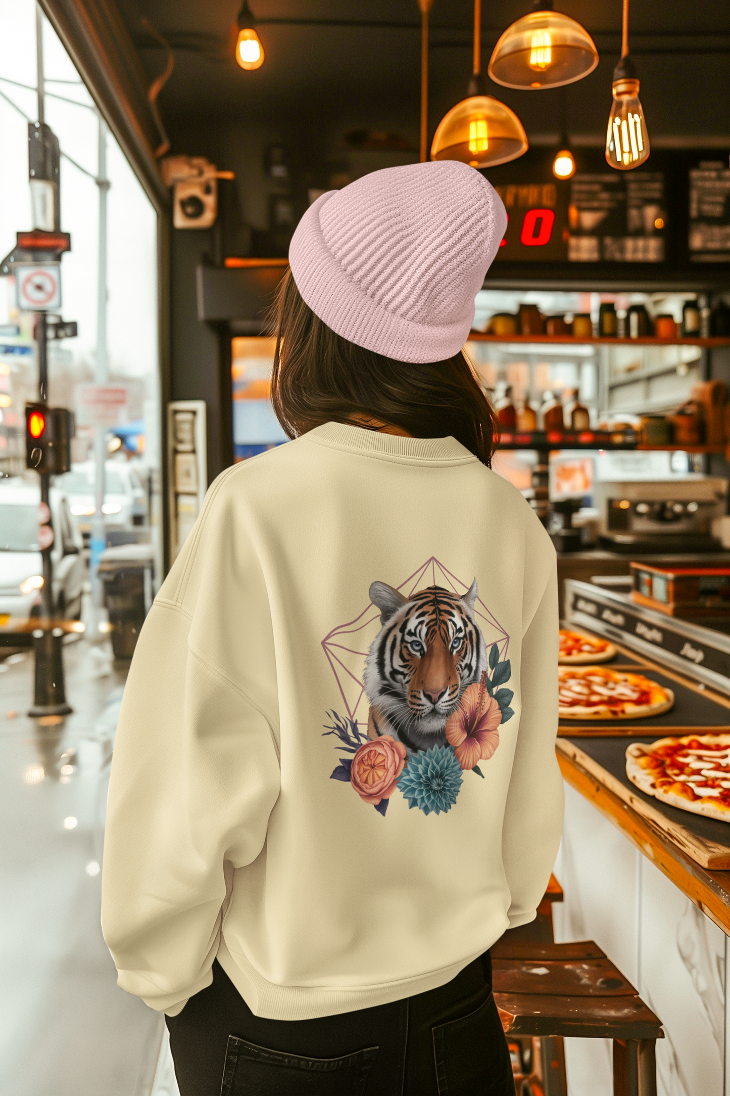 Tiger Passion in Blumen Hexagon Back - Unisex Bio Erwachsenen Changer Sweatshirt ST/ST SH