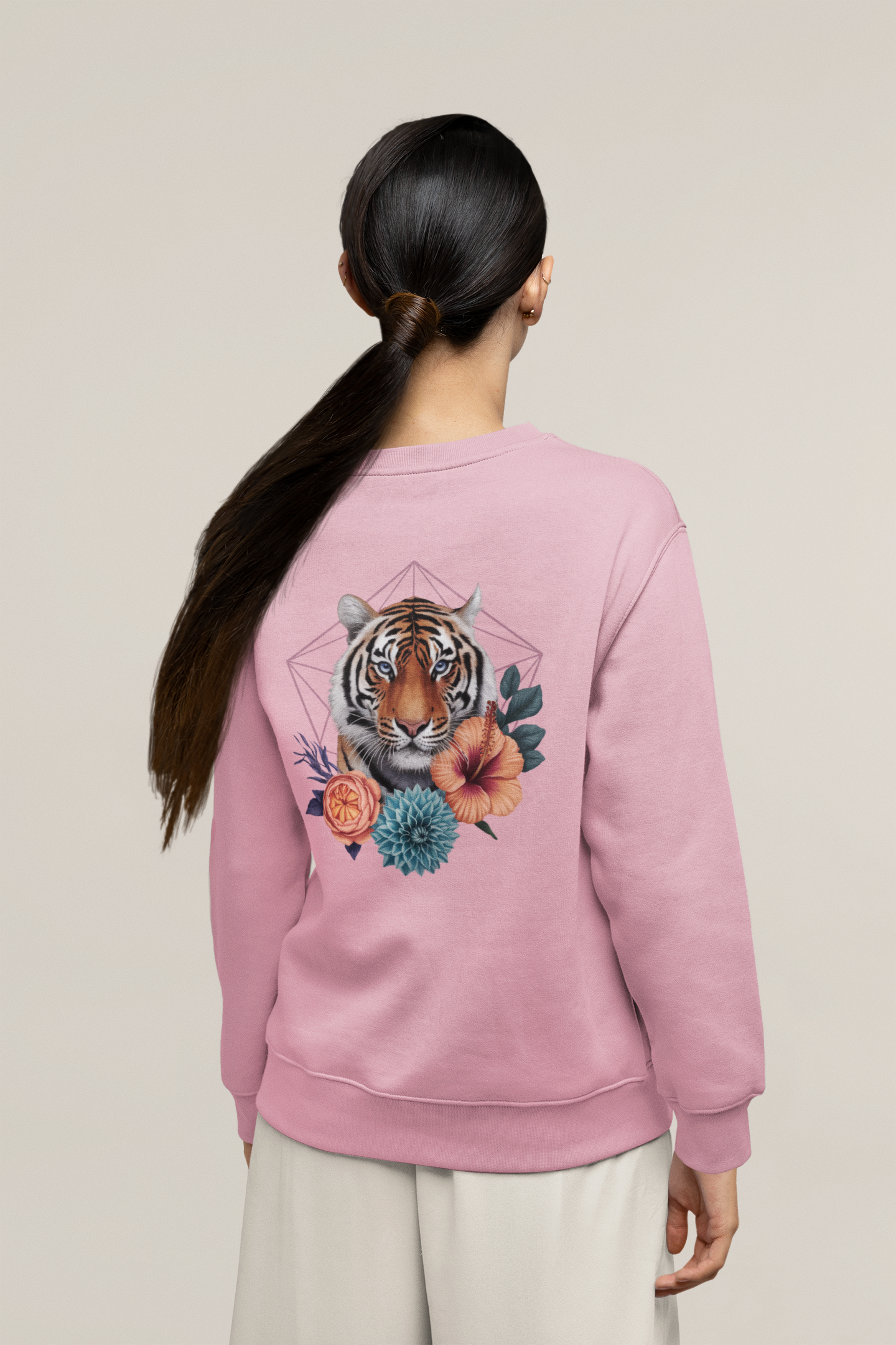 Tiger Passion in Blumen Hexagon Back - Unisex Bio Erwachsenen Changer Sweatshirt ST/ST SH