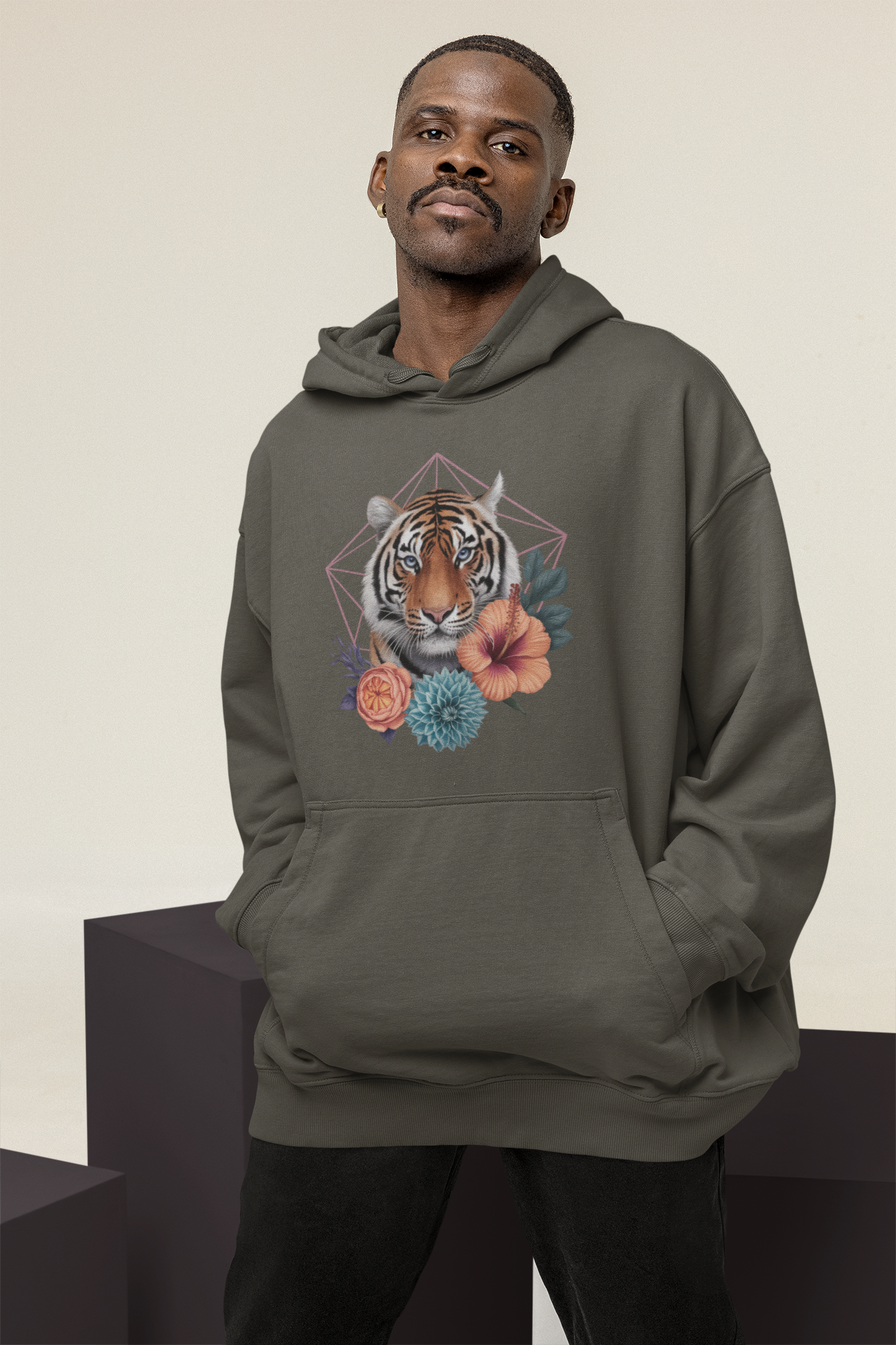 Tiger Passion in Blumen Hexagon Front - Unisex Bio Erwachsenen Oversized Hoodie ST/ST SH