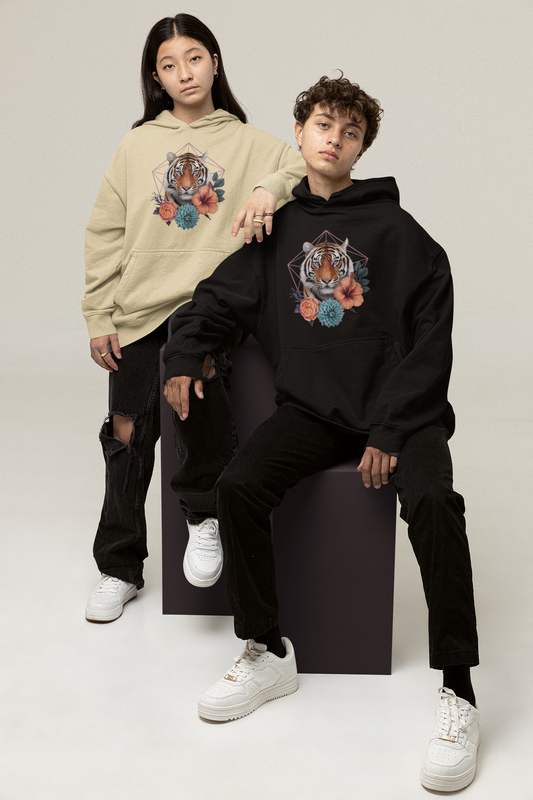 Tiger Passion in Blumen Hexagon Front - Unisex Bio Erwachsenen Oversized Hoodie ST/ST SH