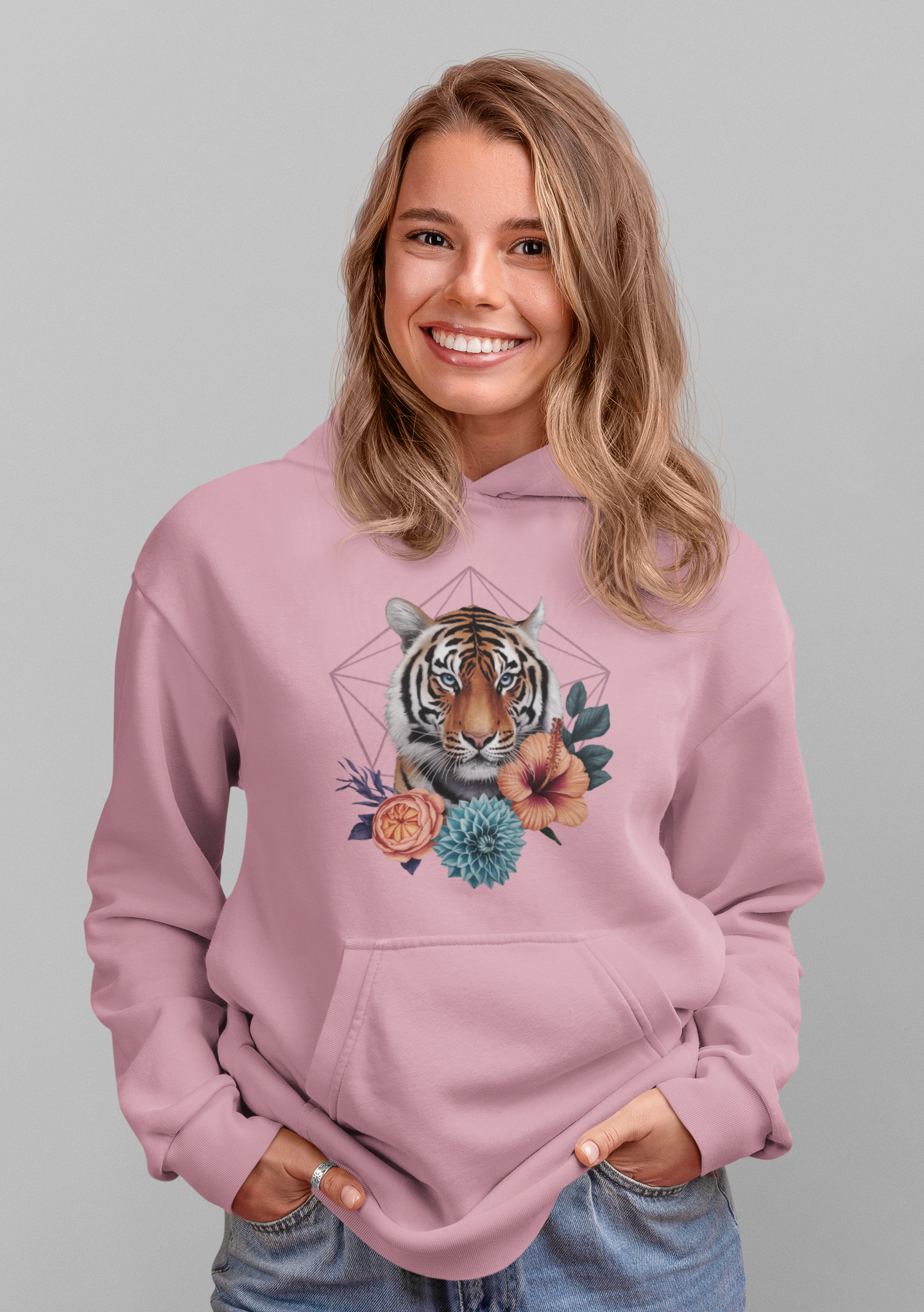 Tiger Passion in Blumen Hexagon Front - Unisex Bio Erwachsenen Cruiser Hoodie ST/ST SH