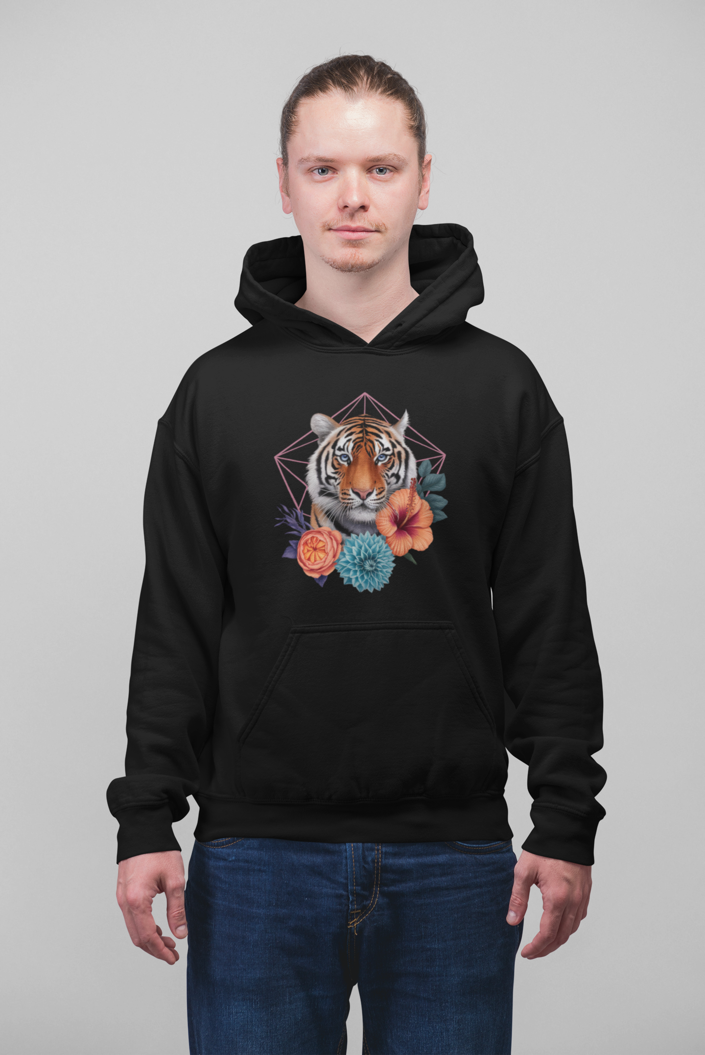 Tiger Passion in Blumen Hexagon Front - Unisex Bio Erwachsenen Cruiser Hoodie ST/ST SH