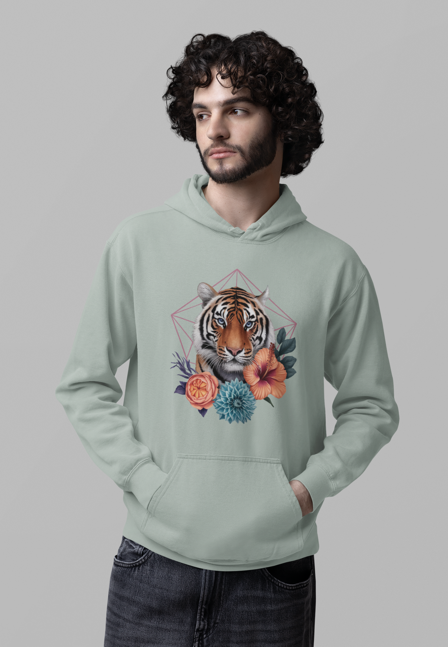 Tiger Passion in Blumen Hexagon Front - Unisex Bio Erwachsenen Cruiser Hoodie ST/ST SH