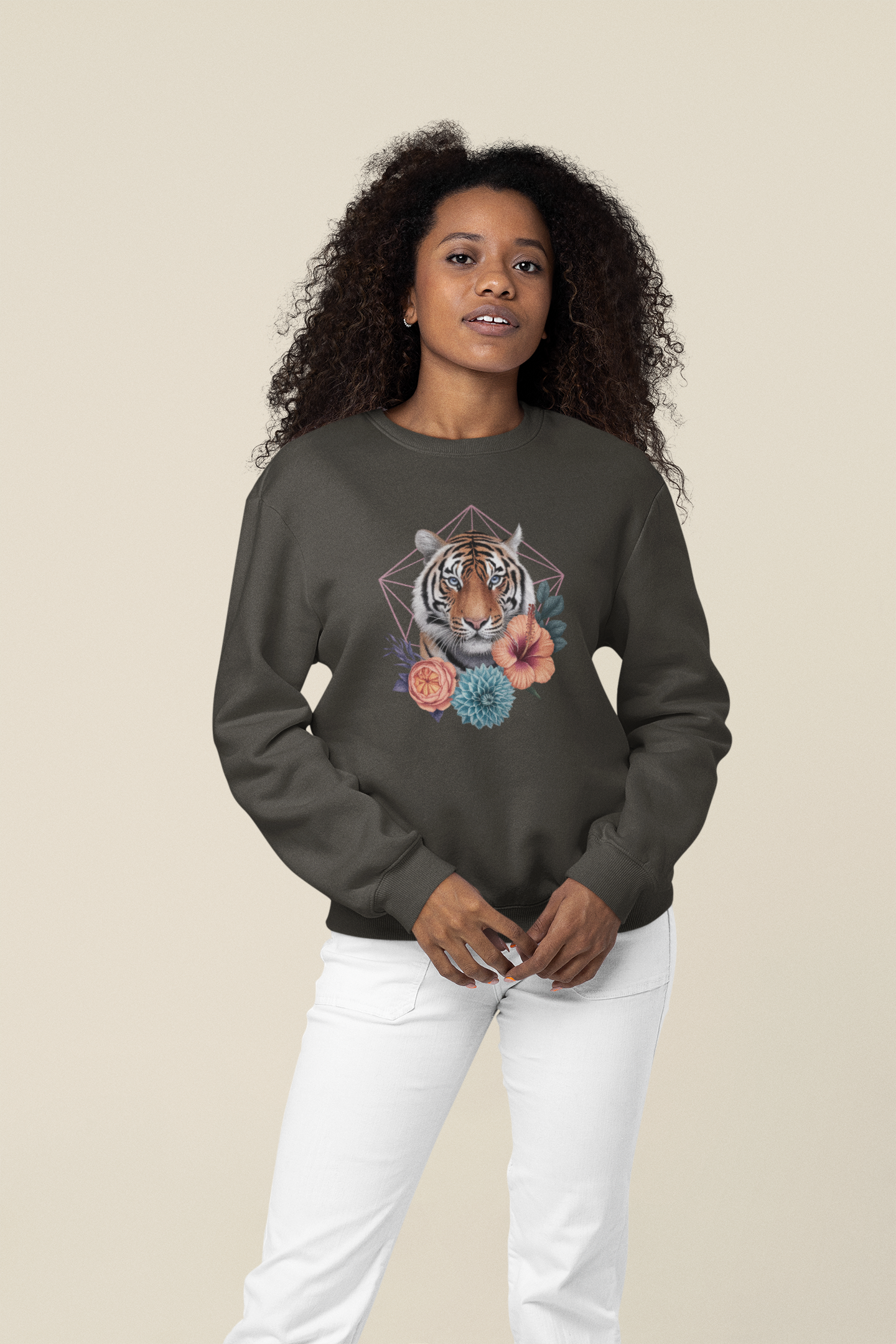 Tiger Passion in Blumen Hexagon Front - Unisex Bio Erwachsenen Changer Sweatshirt ST/ST SH
