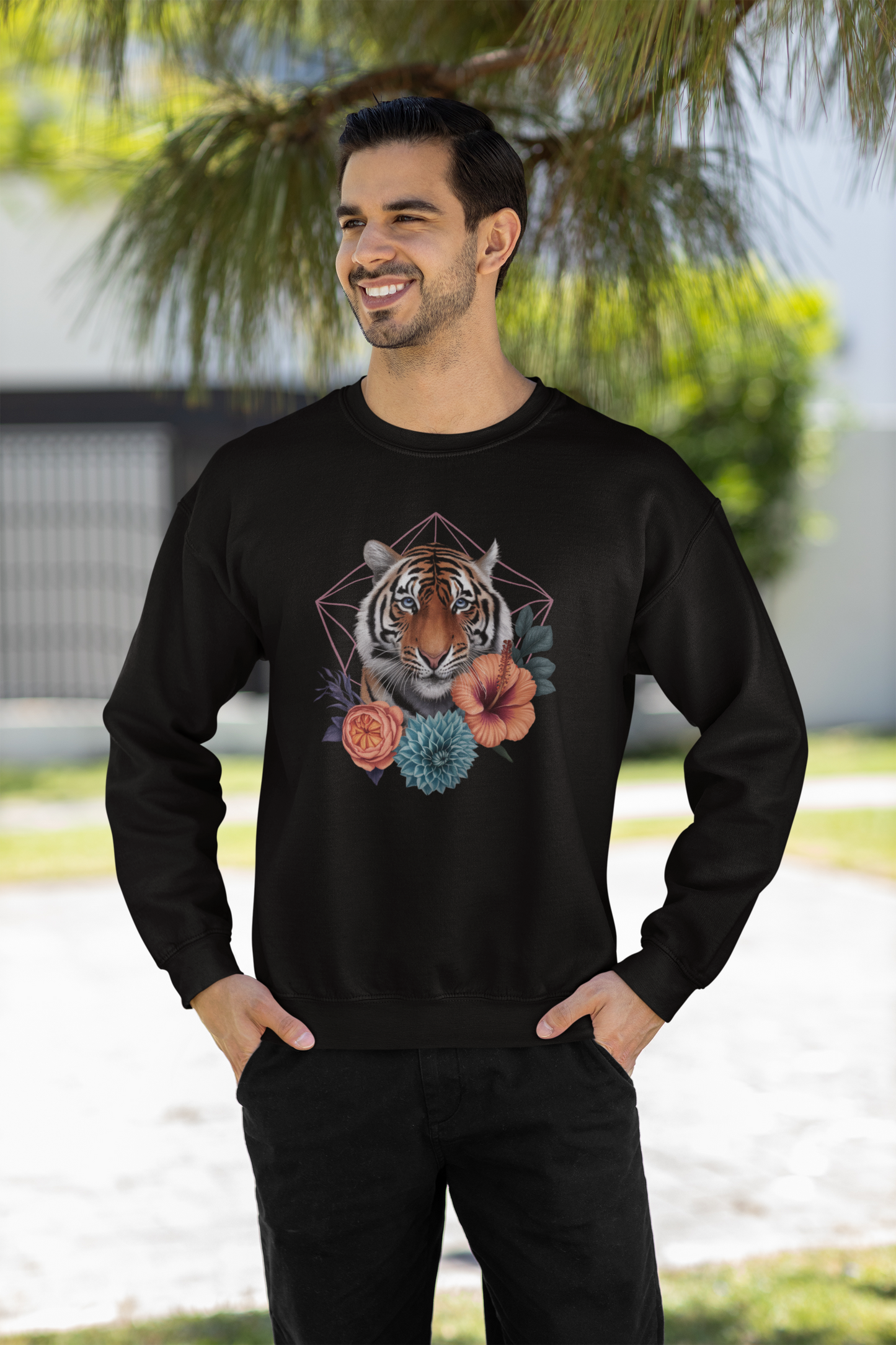 Tiger Passion in Blumen Hexagon Front - Unisex Bio Erwachsenen Changer Sweatshirt ST/ST SH