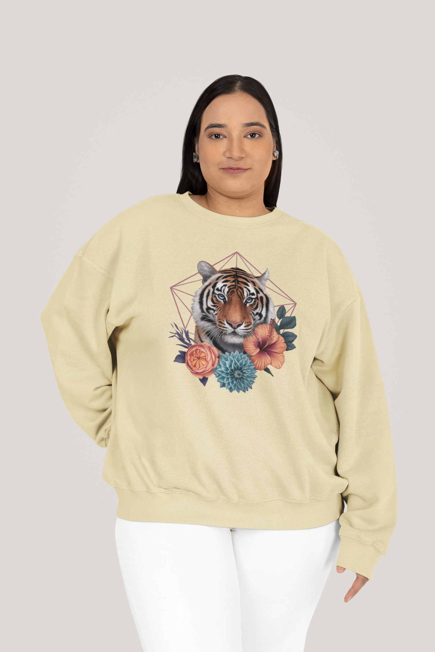 Tiger Passion in Blumen Hexagon Front - Unisex Bio Erwachsenen Changer Sweatshirt ST/ST SH