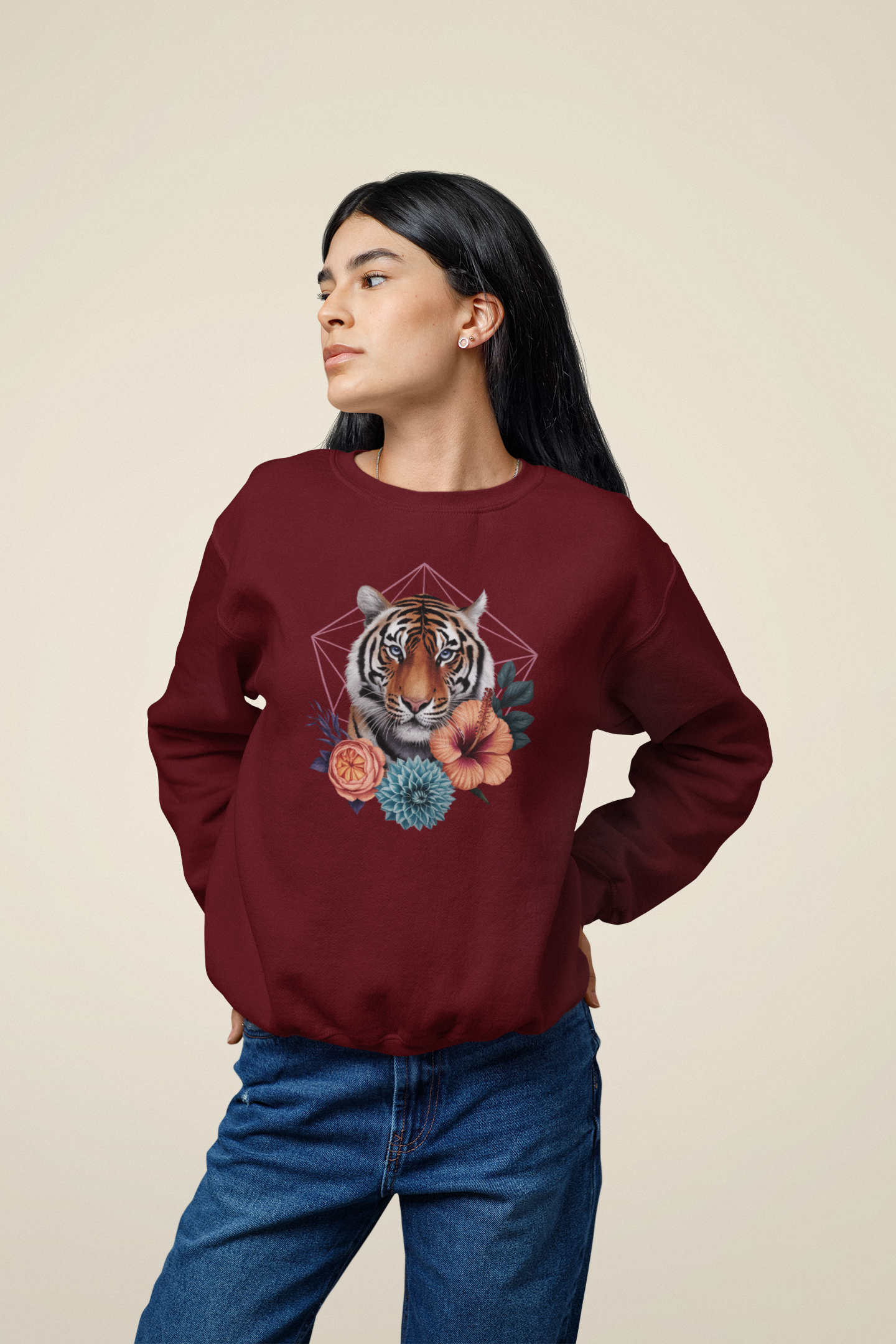 Tiger Passion in Blumen Hexagon Front - Unisex Bio Erwachsenen Changer Sweatshirt ST/ST SH
