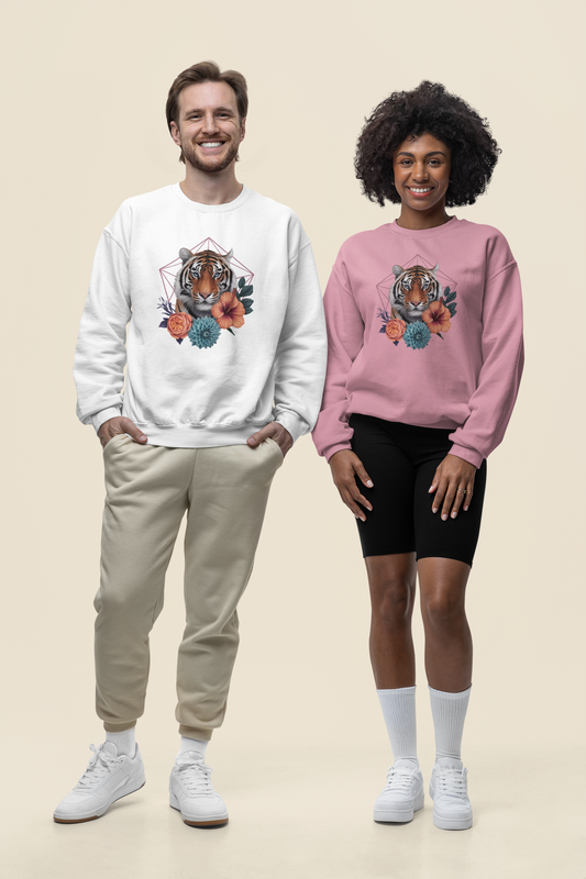 Tiger Passion in Blumen Hexagon Front - Unisex Bio Erwachsenen Changer Sweatshirt ST/ST SH