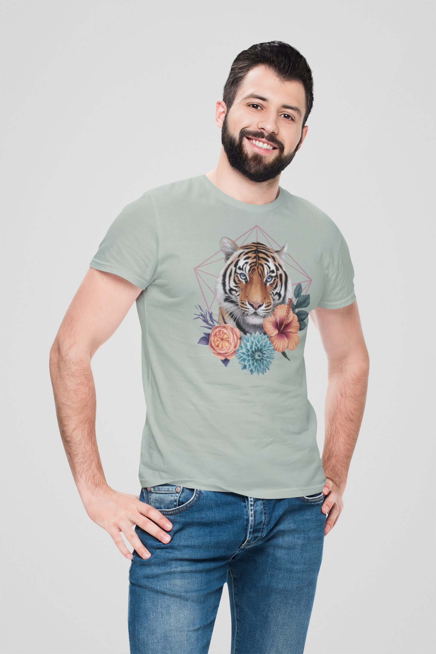 Tiger Passion in Blumen Hexagon Front - Unisex Bio Erwachsenen Creator T-Shirt ST/ST SH