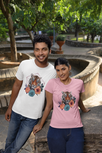 Tiger Passion in Blumen Hexagon Front - Unisex Bio Erwachsenen Creator T-Shirt ST/ST SH