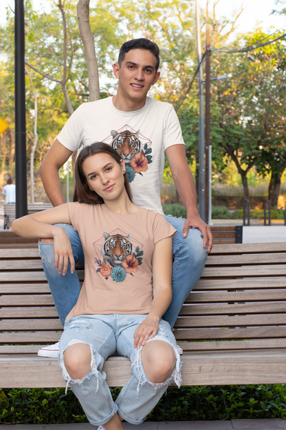 Tiger Passion in Blumen Hexagon Front - Unisex Bio Erwachsenen Creator T-Shirt ST/ST SH
