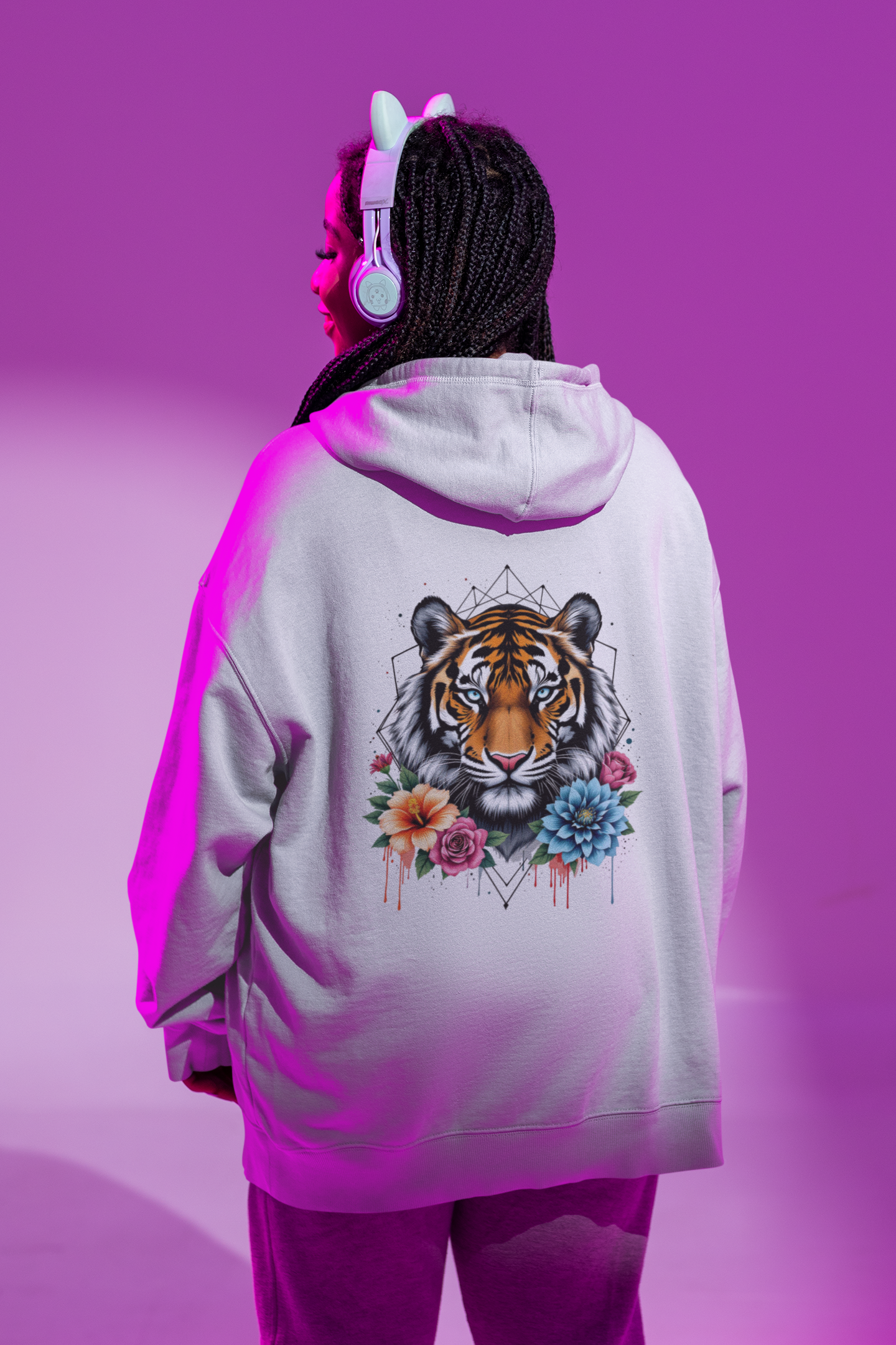 Tiger Passion in Blumen Hexagon Back - Unisex Bio Erwachsenen Slammer Oversized Hoodie ST/ST SH