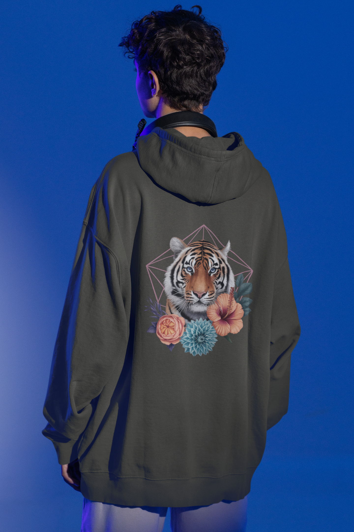 Tiger Passion in Blumen Hexagon Back - Unisex Bio Erwachsenen Slammer Oversized Hoodie ST/ST SH