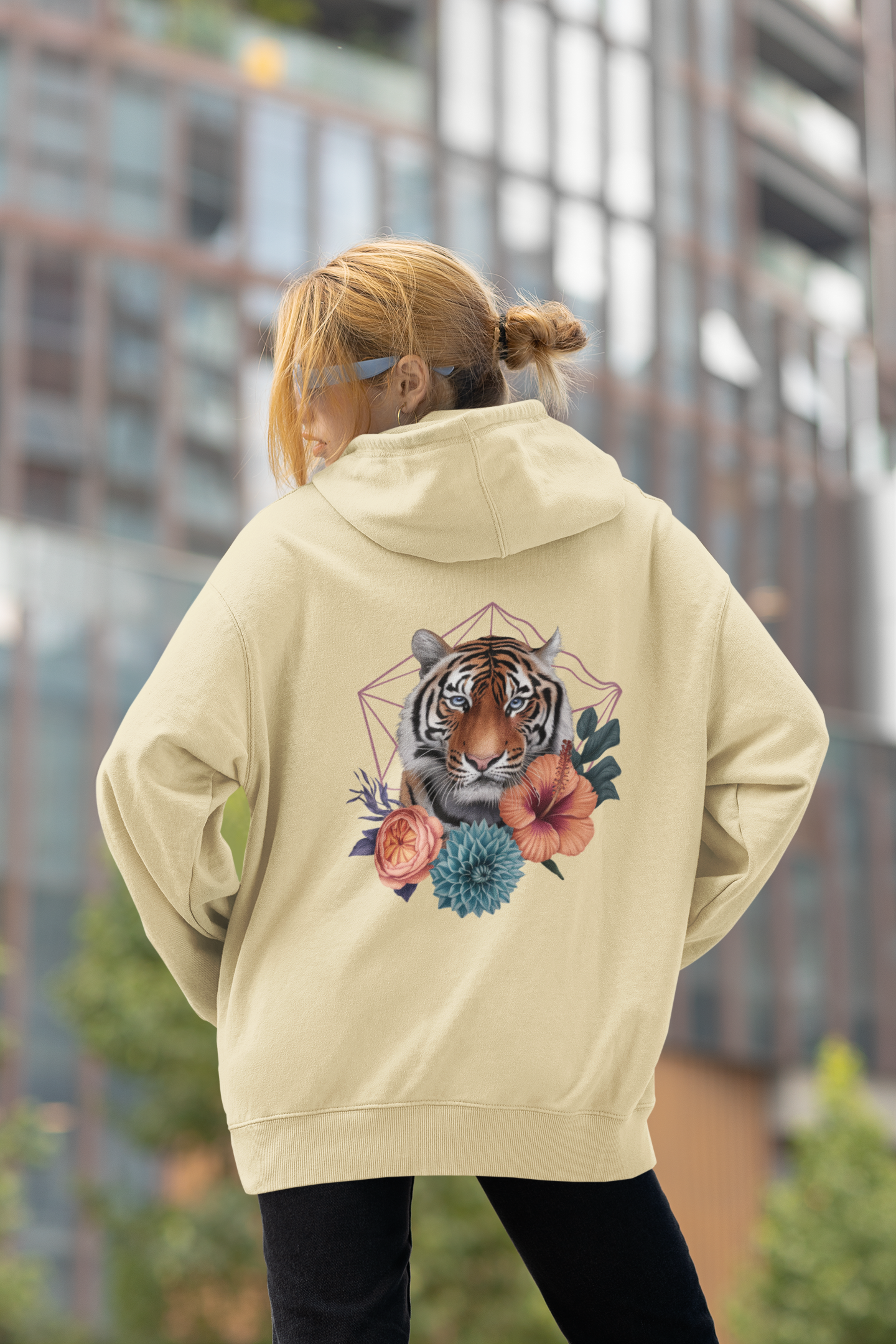 Tiger Passion in Blumen Hexagon Back - Unisex Bio Erwachsenen Slammer Oversized Hoodie ST/ST SH