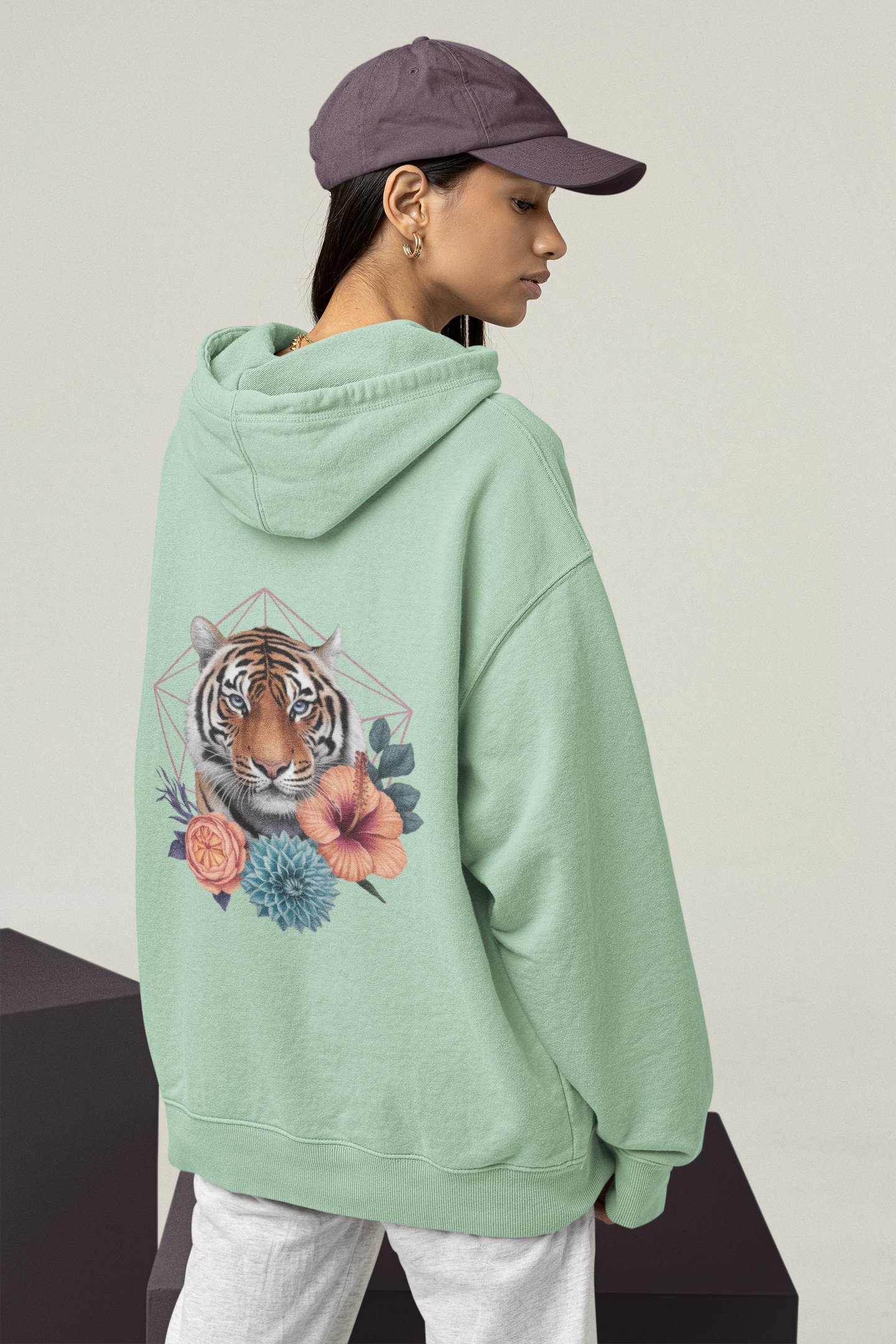 Tiger Passion in Blumen Hexagon Back - Unisex Bio Erwachsenen Slammer Oversized Hoodie ST/ST SH