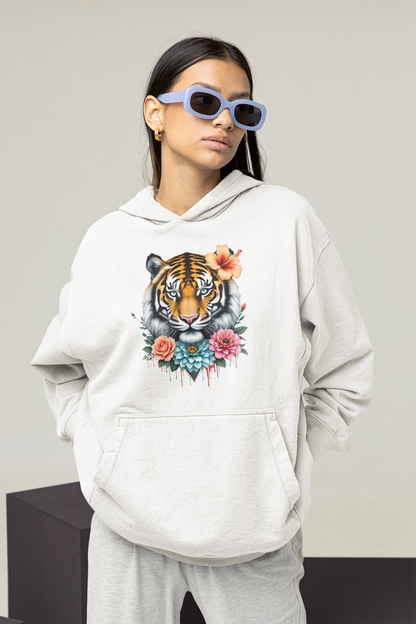Tiger Passion in Floral FlowerPower Front - Unisex Adult Organic Oversized Hoodie ST/ST SH