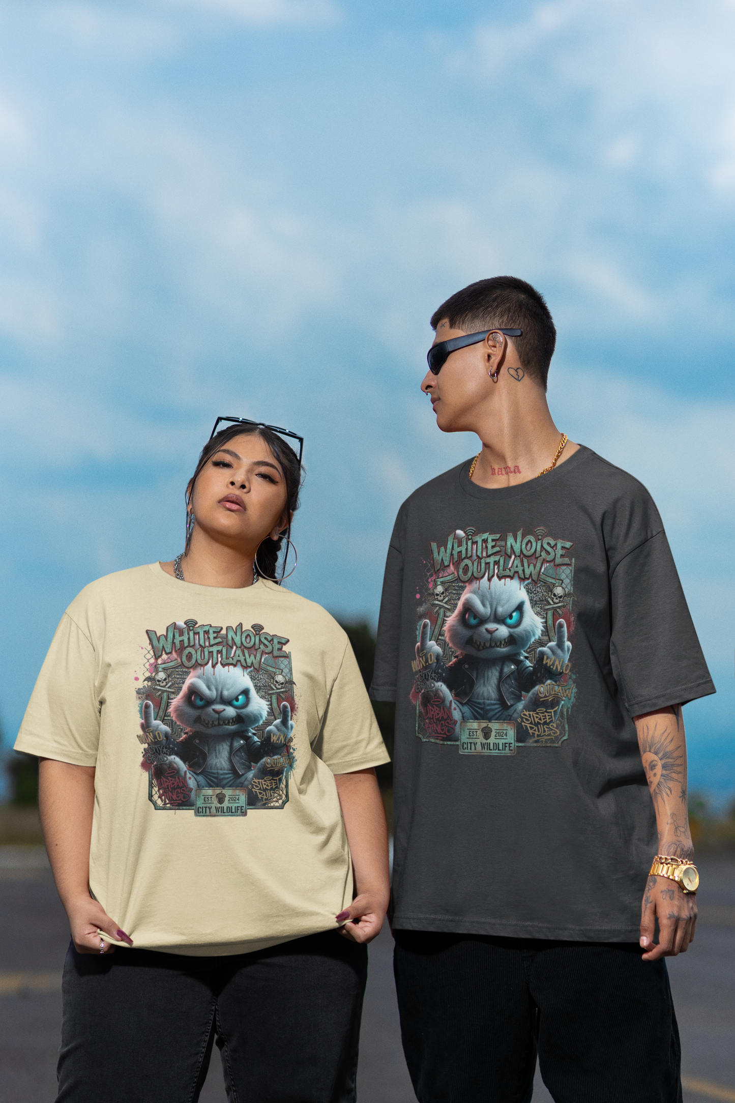 WHITE NOISE OUTLAW Kryot Streetwear Frontprint - Freestyler Bio Oversized Unisex T-Shirt Erwachsenen SH
