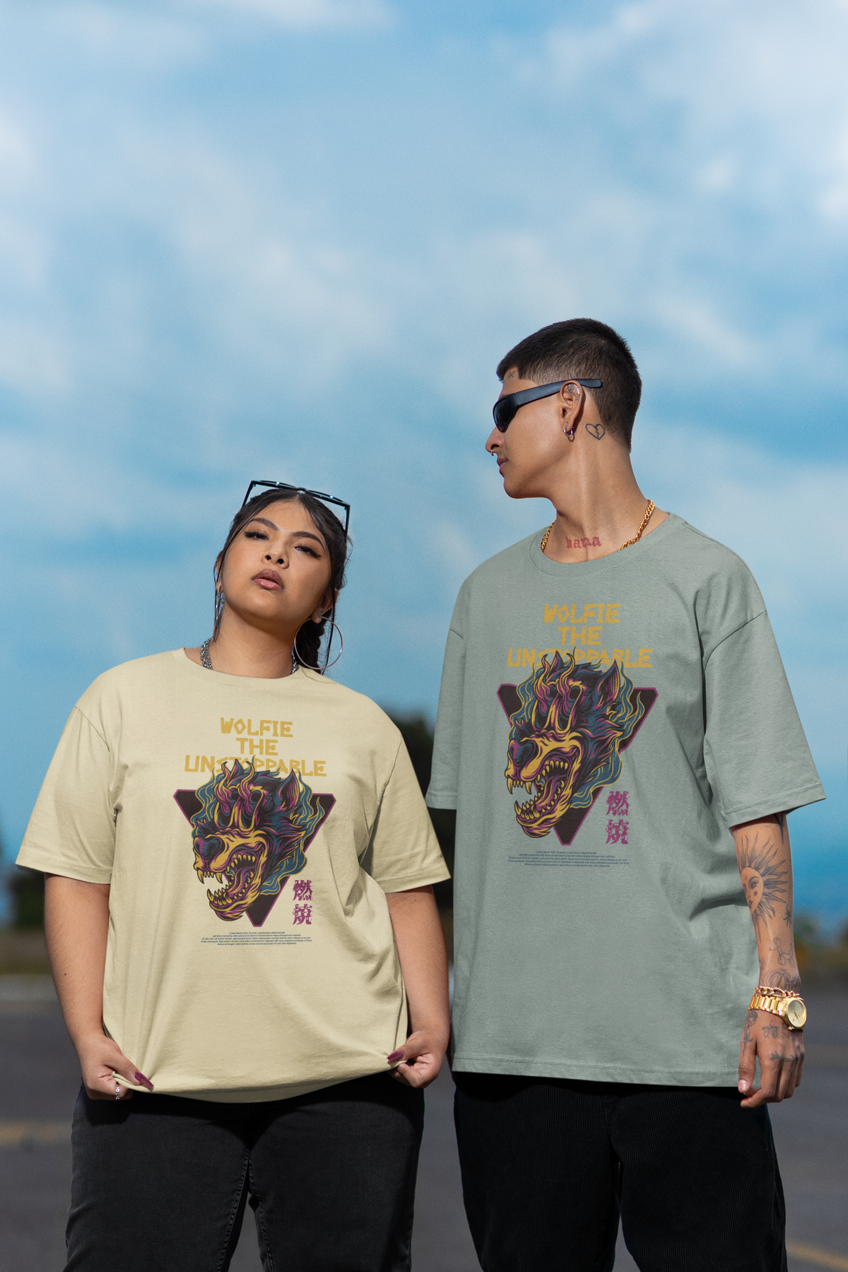 WOLFIE EL IMPARABLE Guerrero Streetwear Estampado Frontal - Camiseta Unisex Extragrande Orgánica Freestyler Adulto SH