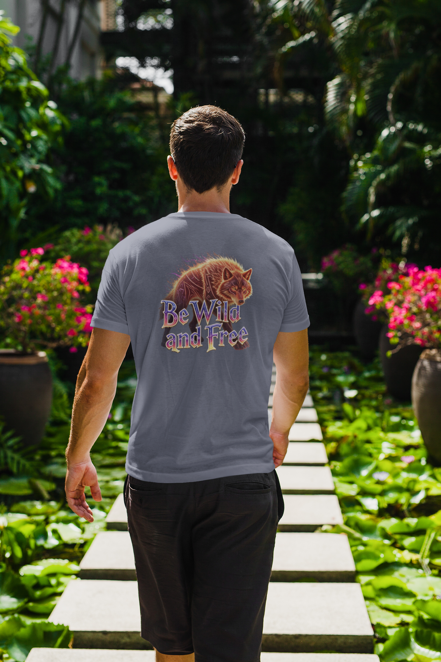 Wilder Wolf in Flammen Be Wild and Free Back - Unisex Erwachsenen Bio Creator T-Shirt ST/ST SH