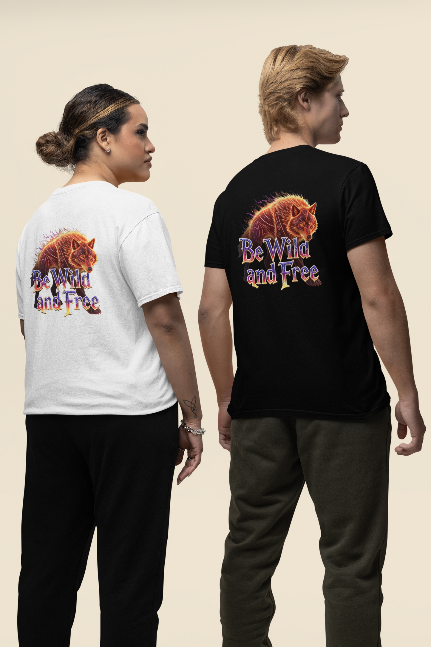 Wilder Wolf in Flammen Be Wild and Free Back - Unisex Erwachsenen Bio Creator T-Shirt ST/ST SH