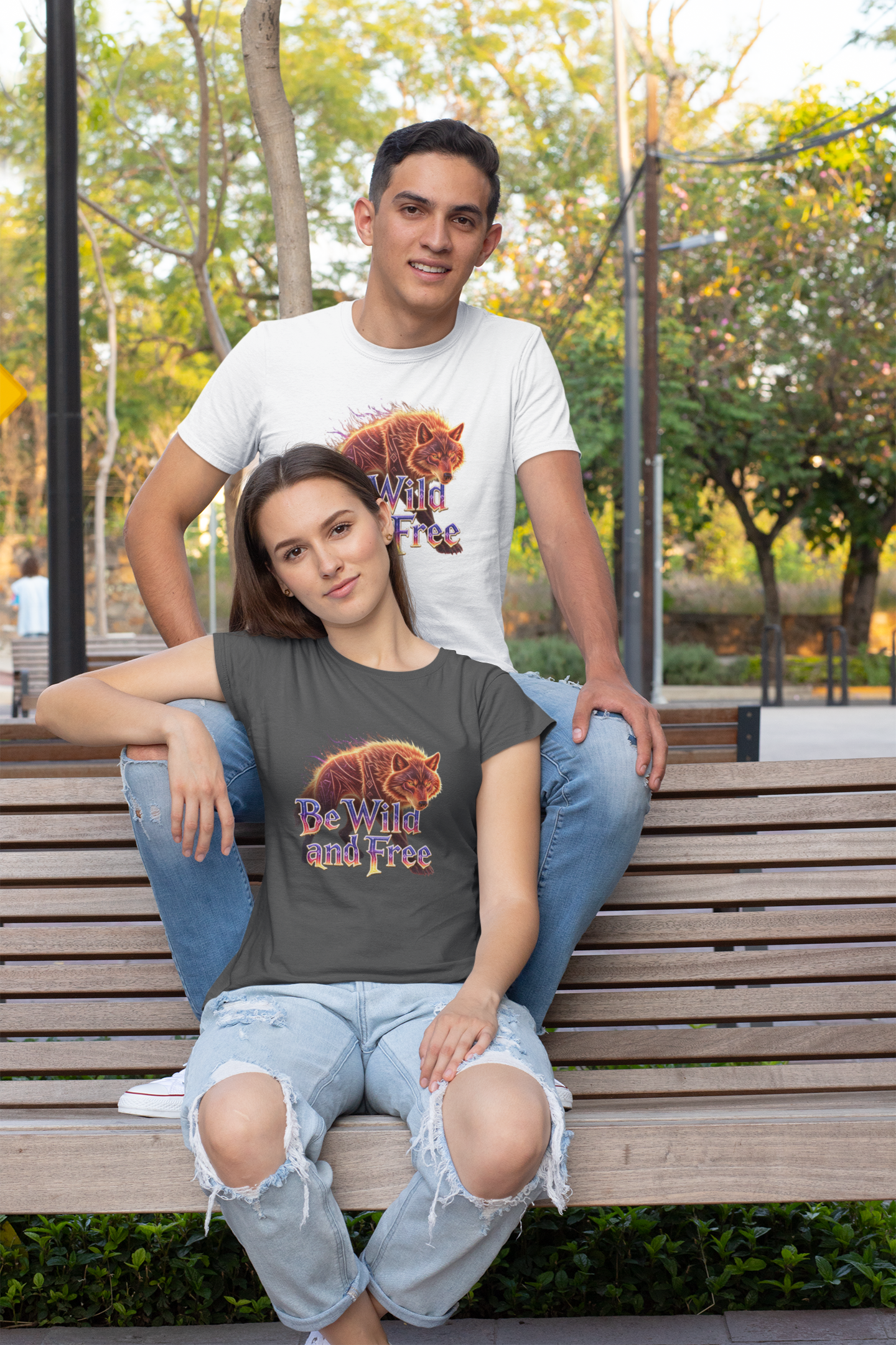 Wilder Wolf in Flammen Be Wild and Free Front - Unisex Erwachsenen Bio Creator T-Shirt ST/ST SH
