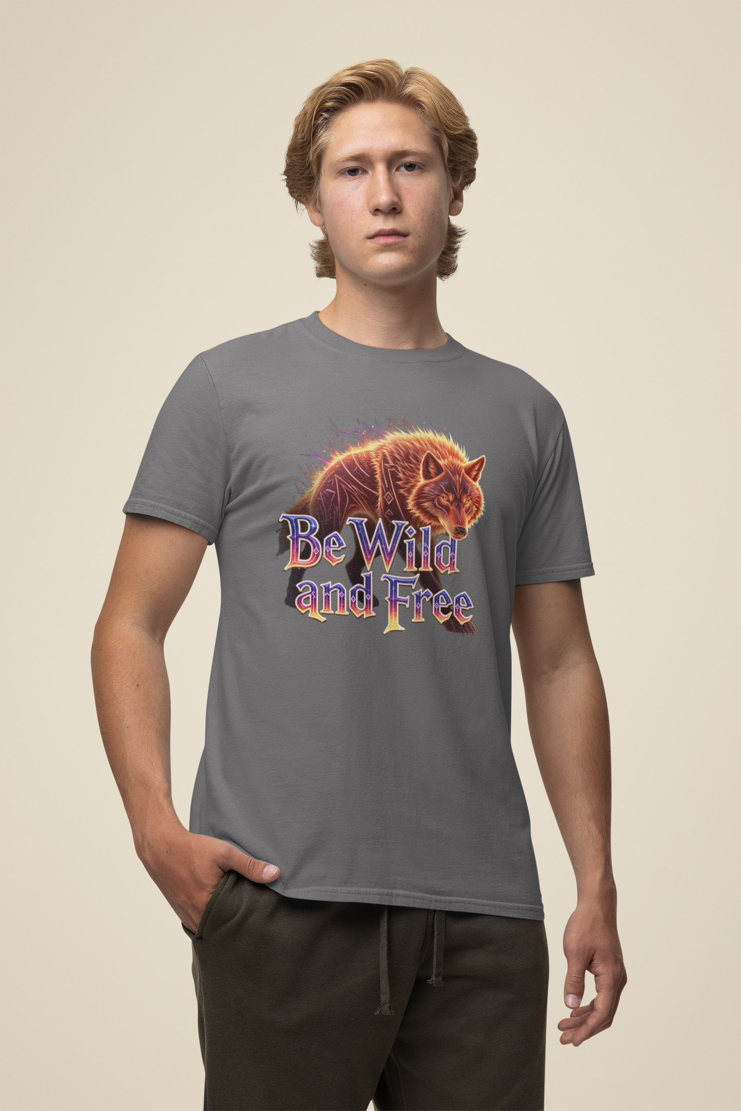 Wilder Wolf in Flammen Be Wild and Free Front - Unisex Erwachsenen Bio Creator T-Shirt ST/ST SH