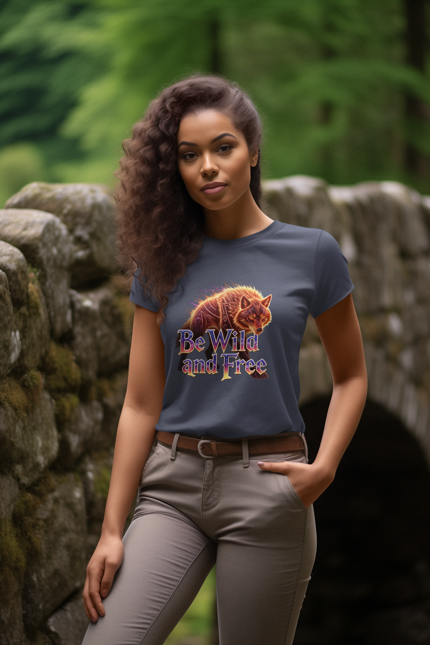 Wilder Wolf in Flammen Be Wild and Free Front - Unisex Erwachsenen Bio Creator T-Shirt ST/ST SH