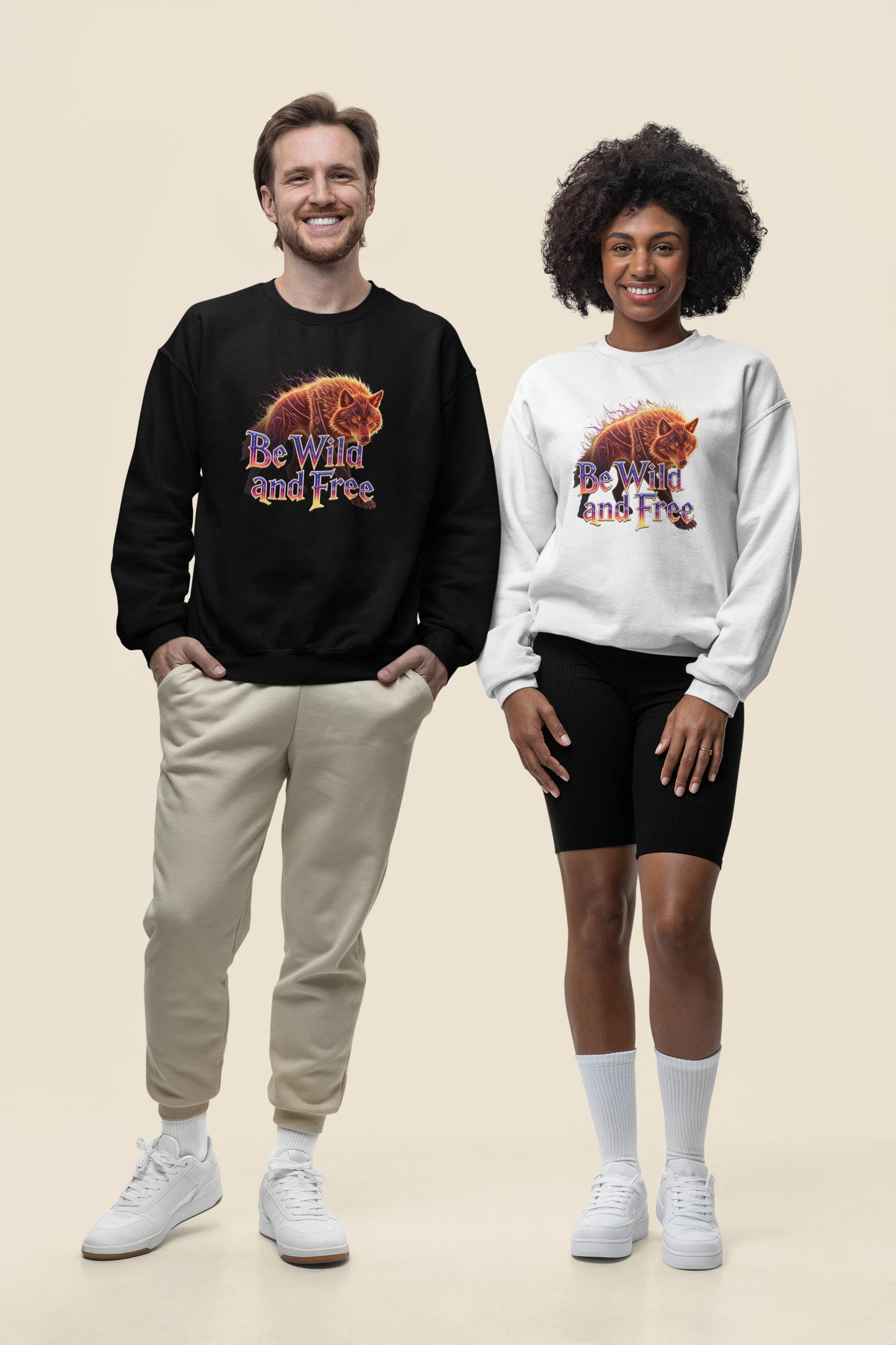 Wilder Wolf in Flammen Be Wild and Free Front - Unisex Erwachsenen Bio Changer Sweatshirt ST/ST SH