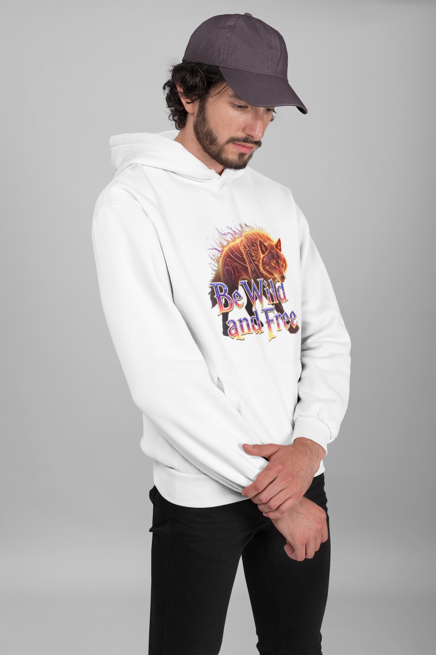 Wilder Wolf in Flammen Be Wild and Free Front - Unisex Erwachsenen Bio Cruiser Hoodie ST/ST SH