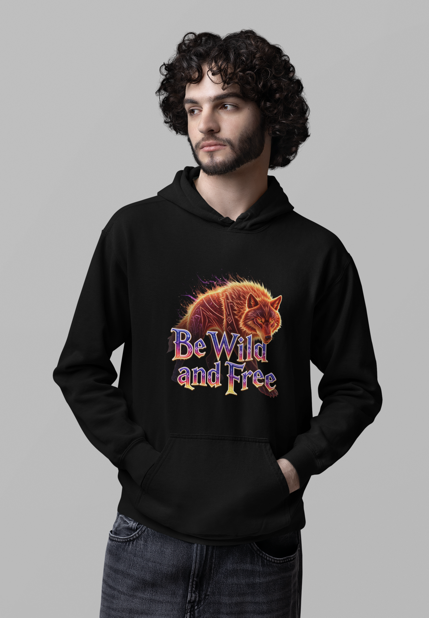 Wilder Wolf in Flammen Be Wild and Free Front - Unisex Erwachsenen Bio Cruiser Hoodie ST/ST SH