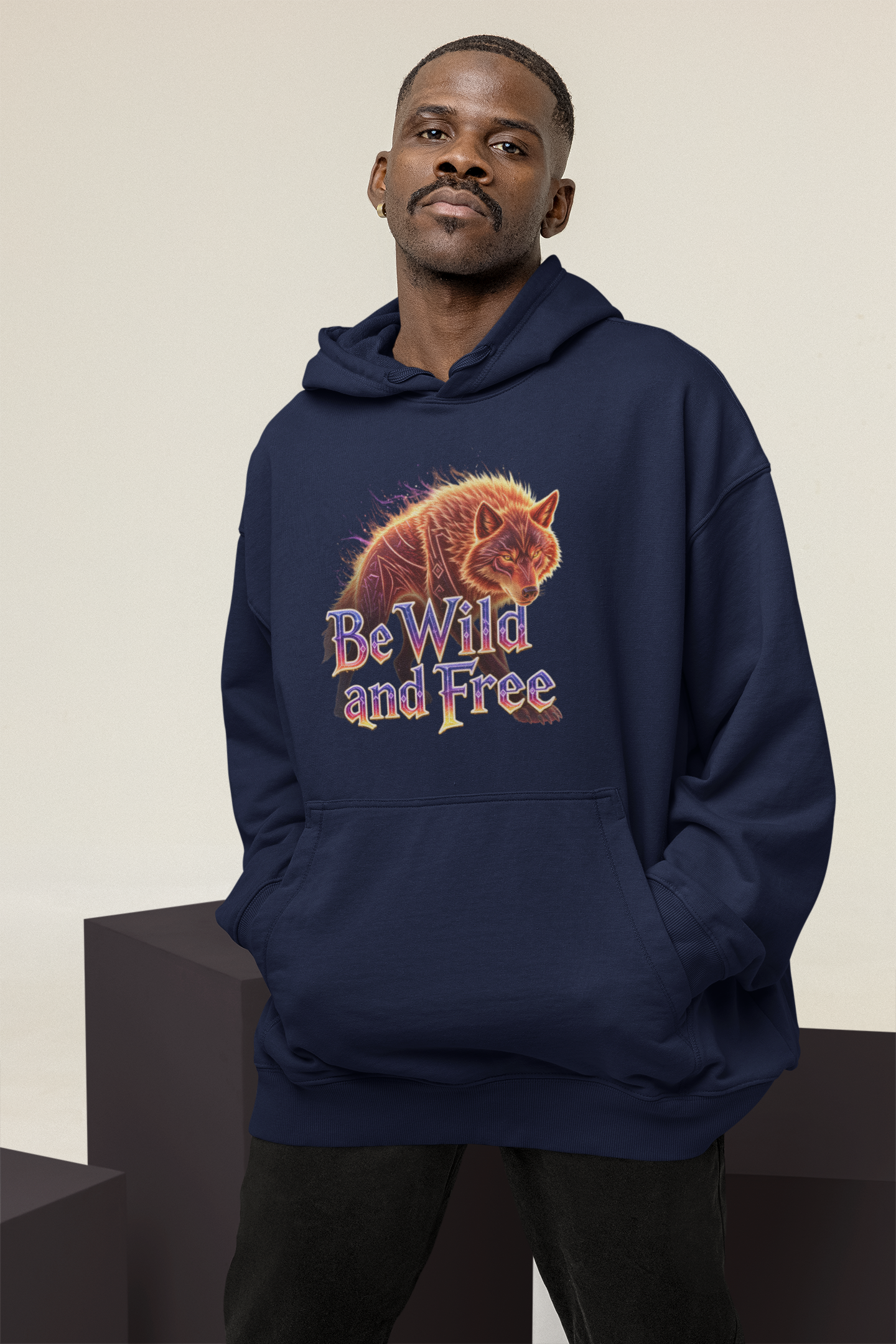 Wilder Wolf in Flammen Be Wild and Free Front - Unisex Erwachsenen Bio Slammer Oversized Hoodie ST/ST SH