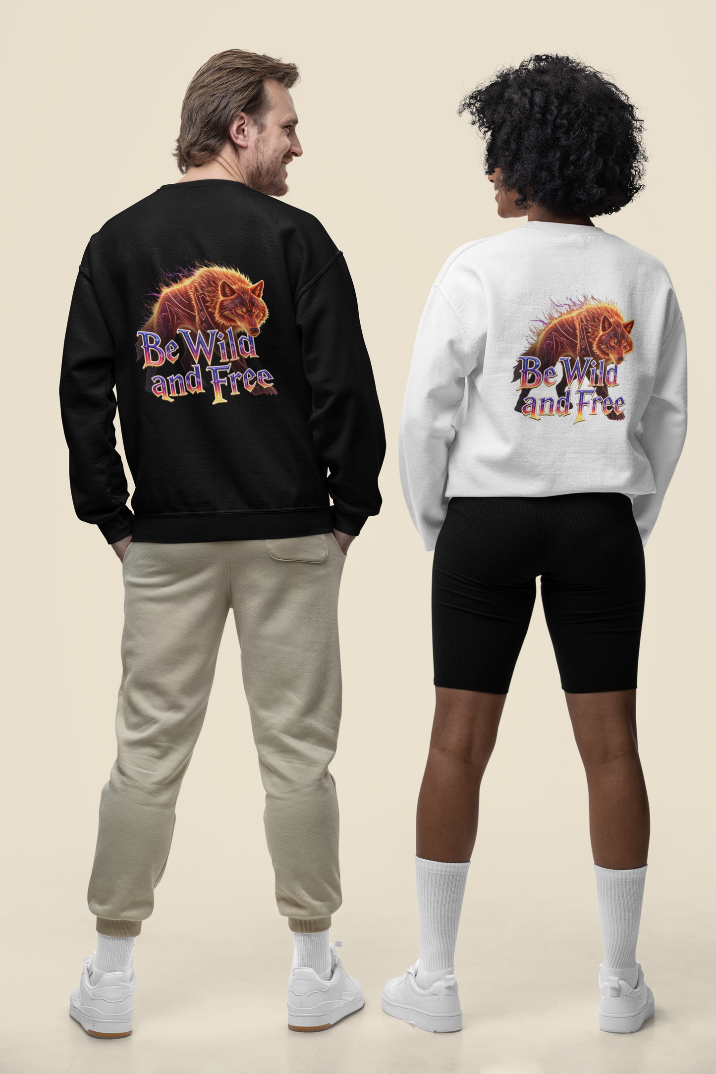 Wilder Wolf in Flammen Be Wild and Free Back - Unisex Erwachsenen Bio Changer Sweatshirt ST/ST SH