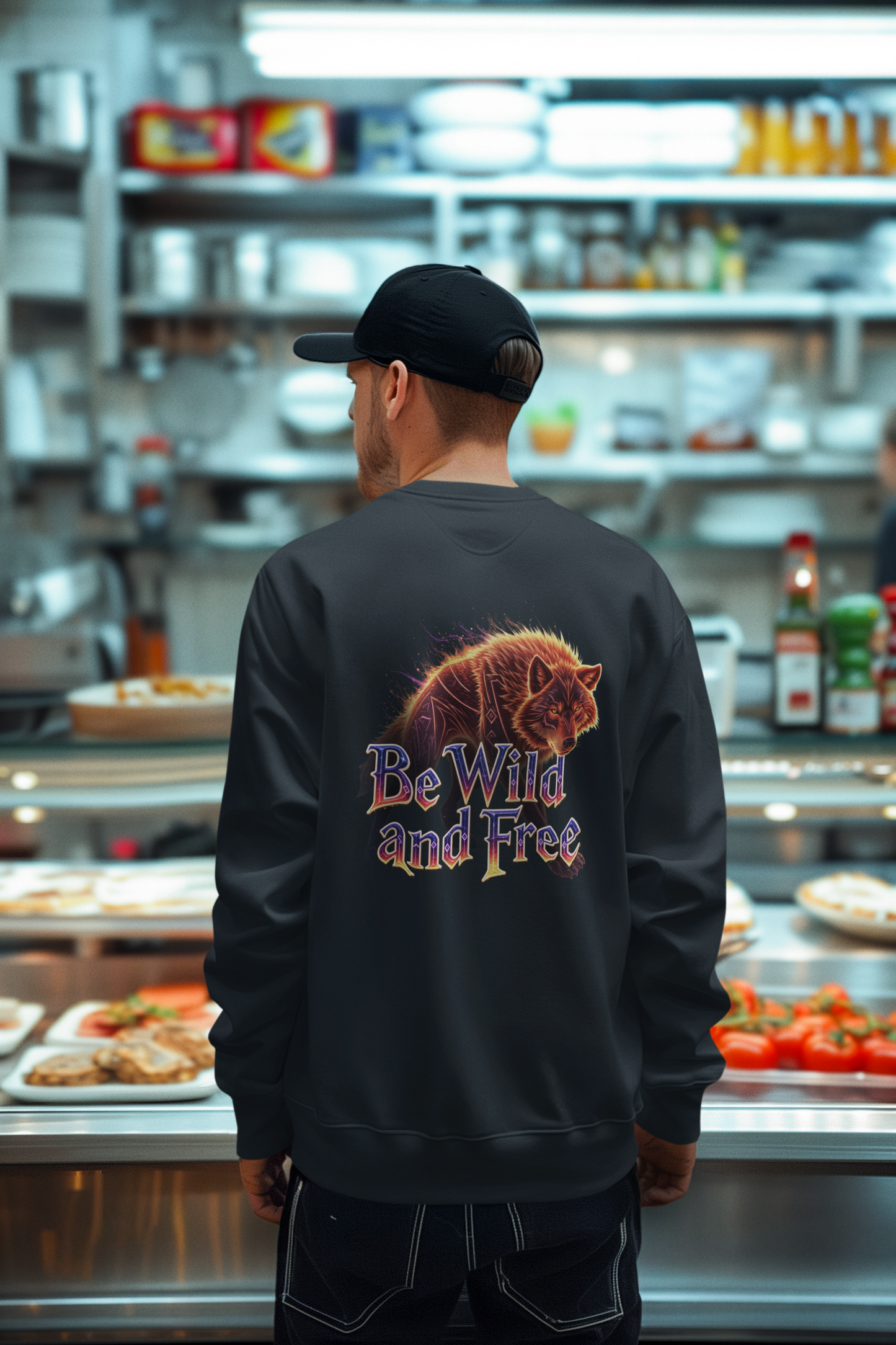 Wilder Wolf in Flammen Be Wild and Free Back - Unisex Erwachsenen Bio Changer Sweatshirt ST/ST SH