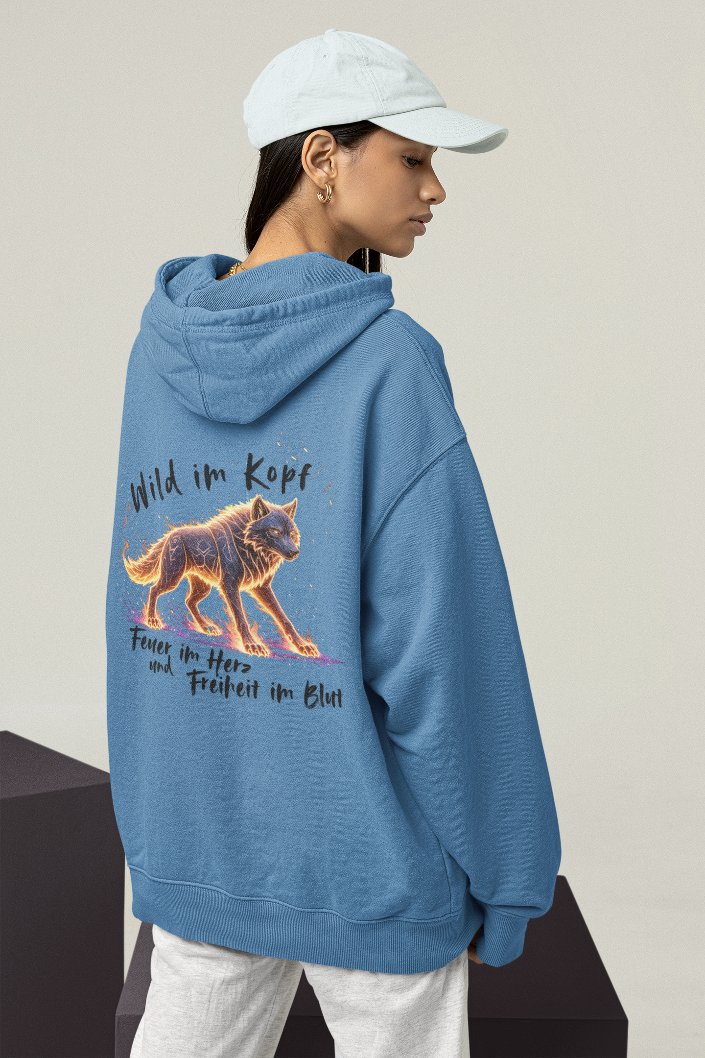 Wolf Wild im Kopf Feuer im Herz Freiheit im Blut BS - Unisex Erwachsenen Bio Slammer Oversized Hoodie ST/ST SH