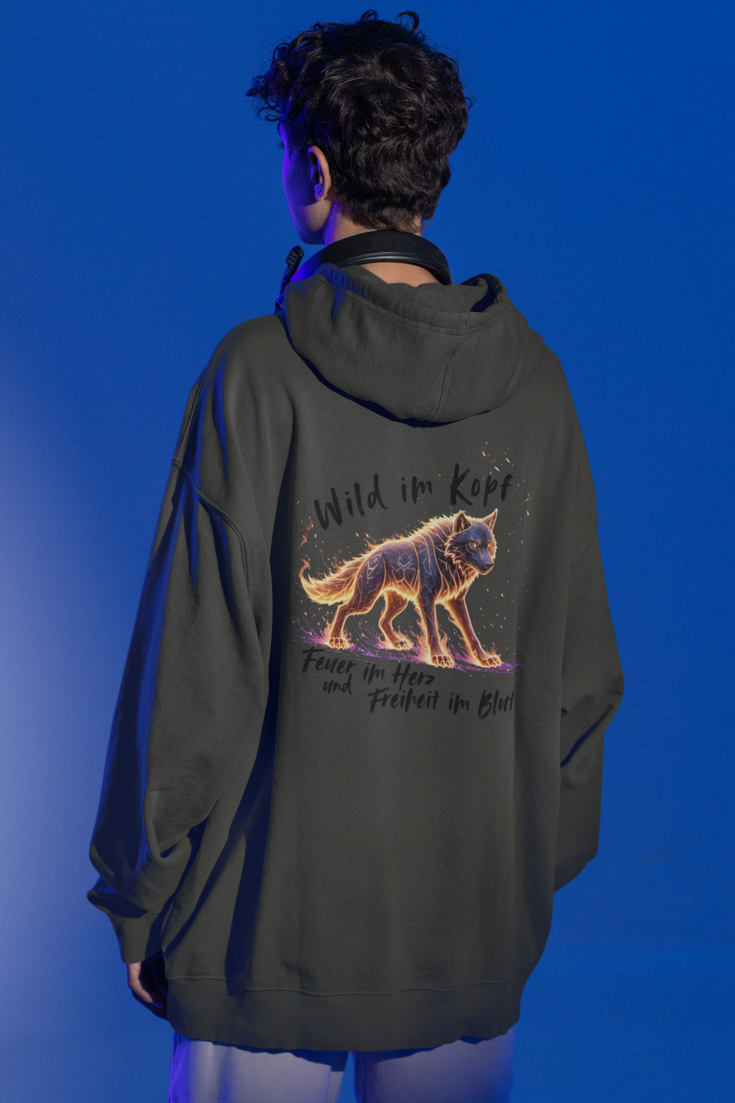 Wolf Wild im Kopf Feuer im Herz Freiheit im Blut BS - Unisex Erwachsenen Bio Slammer Oversized Hoodie ST/ST SH