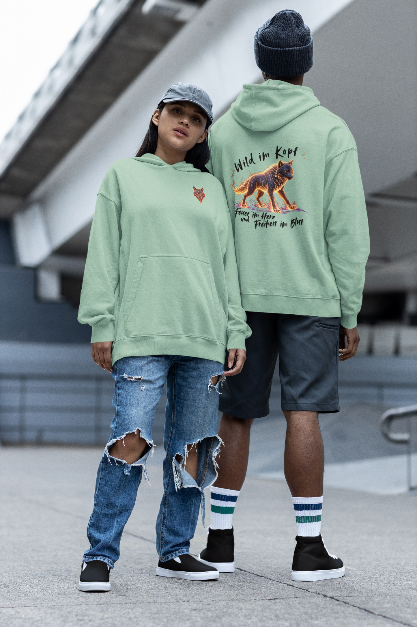 Wolf Wild im Kopf Feuer im Herz Freiheit im Blut BS - Unisex Erwachsenen Bio Slammer Oversized Hoodie ST/ST SH