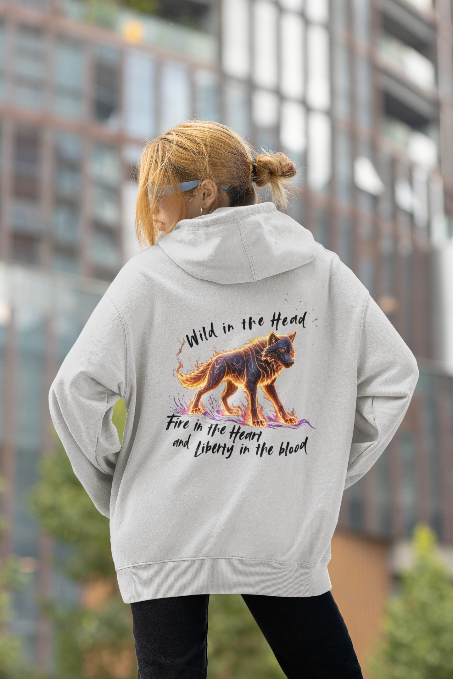 Wolf Wild in the Head Fire in the Heard BS - Unisex Erwachsenen Bio Sl Oversized Hoodie ST/ST SH