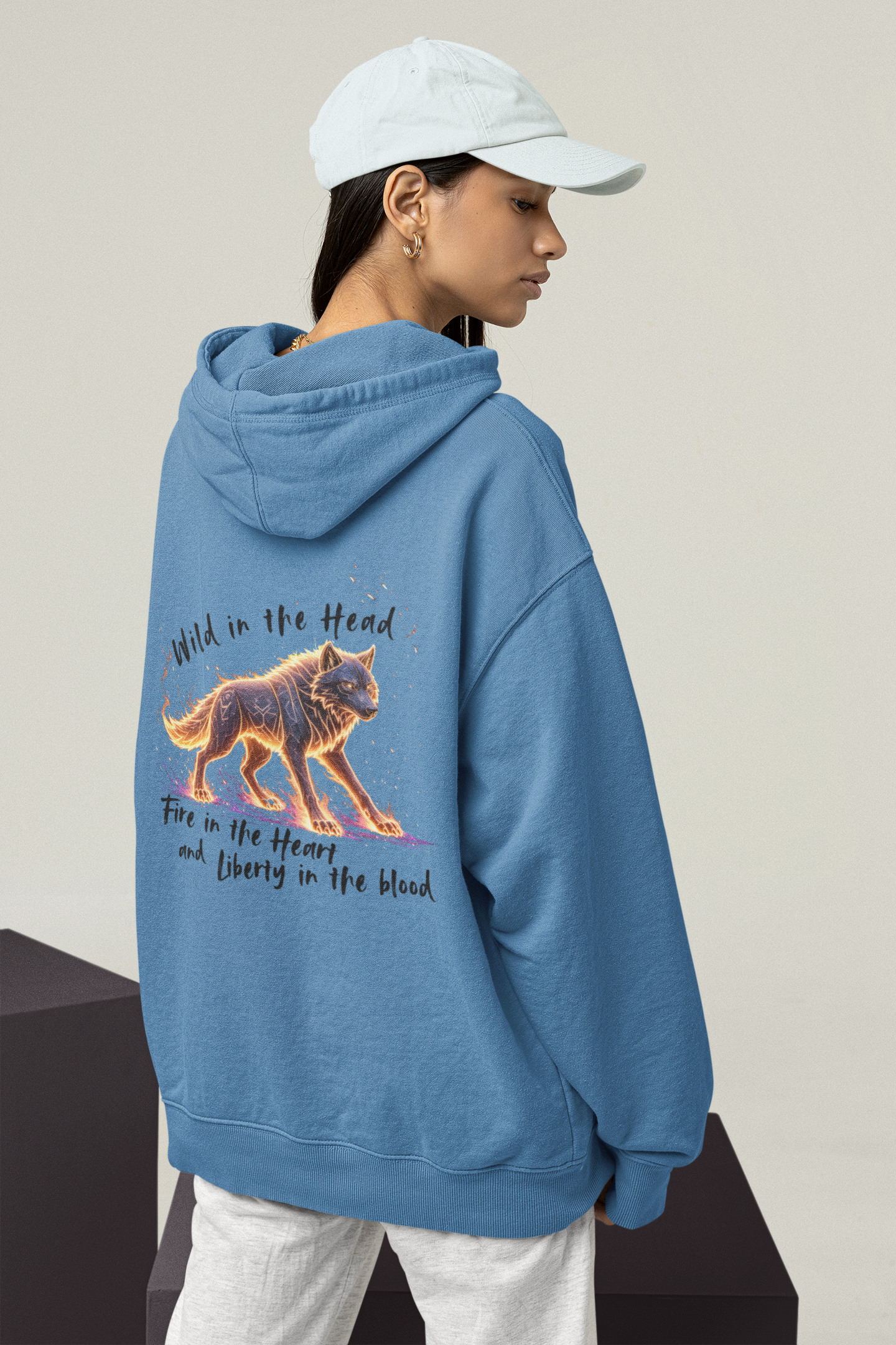 Wolf Wild in the Head Fire in the Heard BS - Unisex Erwachsenen Bio Sl Oversized Hoodie ST/ST SH